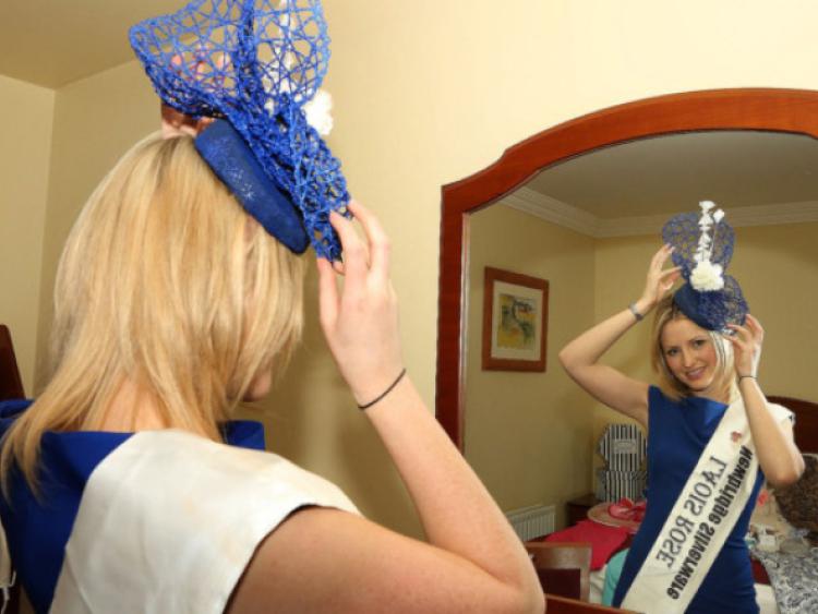 Laois Rose , Teresa Brennan  checks her headware  at the Heritage Hotel , Portlaoise .          Photo: Michael Scully.