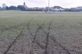 Wheel marked damage to the Smiths Field pitch in Mountmellick. Image from video posted by Mountmellick Utd soccer club.