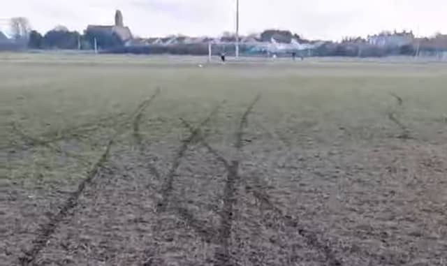 Wheel marked damage to the Smiths Field pitch in Mountmellick. Image from video posted by Mountmellick Utd soccer club.