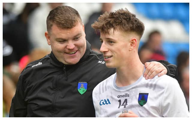 Courtwood manager Mark Bates with Ryan Little after Sunday's drawn SFC final. Picture: Denis Byrne
