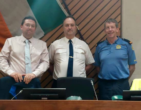 Sgt Graham Kavanagh, Chief Superintendent Anthony Lonergan and Inspector Joe Culliton pictured at a Laois Joint Policing Committee meeting