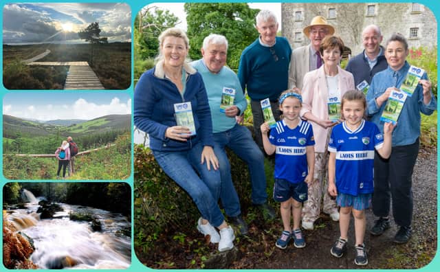 Launch of Laois Walks Festival 2025 at the famous Newtown Mill. Pic: Alf Harvey. Also pictured are some of the Laois landscapes featured.