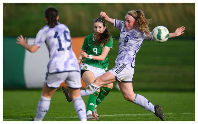 Ciara Milton of Republic of Ireland scores her side's first goal during the girls' U16 international friendly match against Scotland. Photo by Stephen McCarthy/Sportsfile