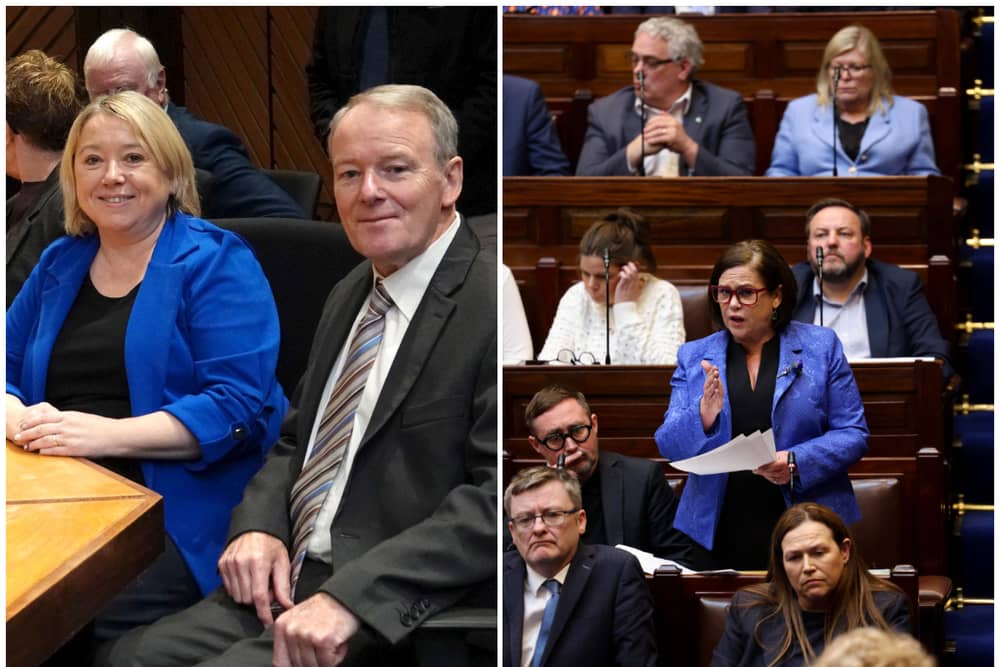 Caroline Dwane Stanley with husband Brian Stanley after he left Sinn Féin also pictured Mary Lou McDonald with Sinn Féin TDs in the Dáil.