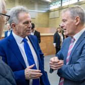 Independent Laois TD Brian Stanley talks with returned Laois Fianna Fáil TD at the General Election Count Centre in Portlaoise. Pic: Alf Harvey