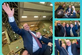 Willie Aird celebrates after General Election win in Portlaoise. Pics: Alf Harvey