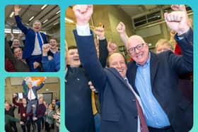 Sean Fleming and Brian Stanley held aloft by supporters are new Fine Gael TD Willie Aird celebrates with outgoing TD Charlie Flanagan.