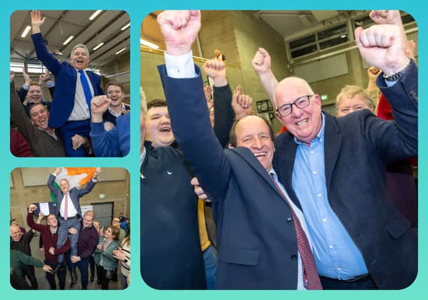 Sean Fleming and Brian Stanley held aloft by supporters are new Fine Gael TD Willie Aird celebrates with outgoing TD Charlie Flanagan.