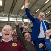 Fianna Fáil's Seán Fleming celebrates his seventh General Election win with supporters at the Laois Count Centre in Portlaoise. Picture: Alf Harvey