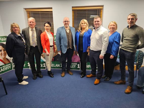 Helen Campion, Brian Stanely, Lorna Holohan Gary, Chris McManus, Maria Fitzpatric, Aaron Kelly, Caroline Dwane Stanley, Jason Phelan at a Laois local and European election event in 2024.