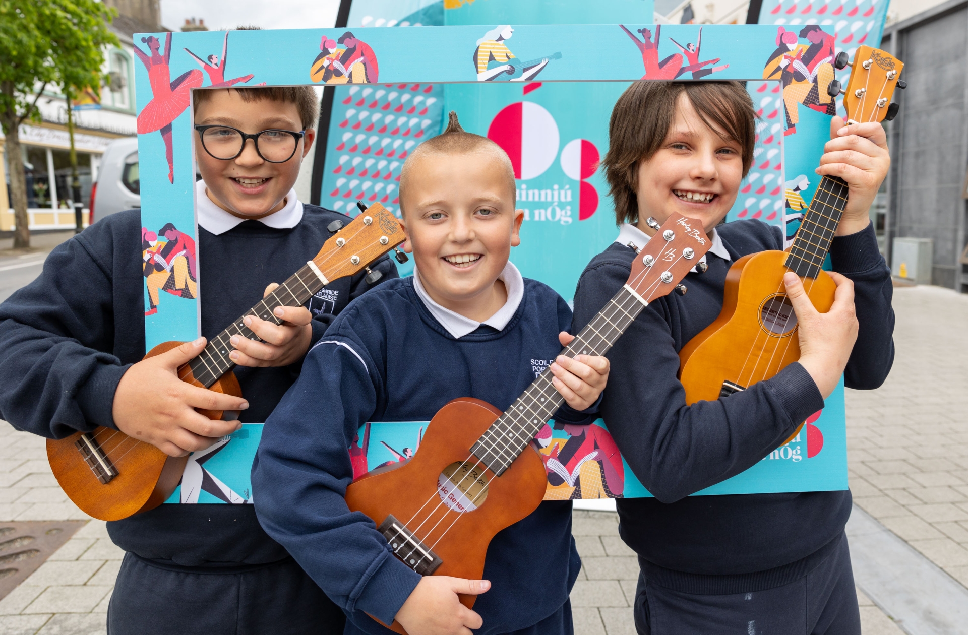 Ivo, Max and Maja, ukulele players from Scoil Bhríde, Portlaoise at the launch of Cruinniú na nÓg 2024. Picture: Alf Harvey