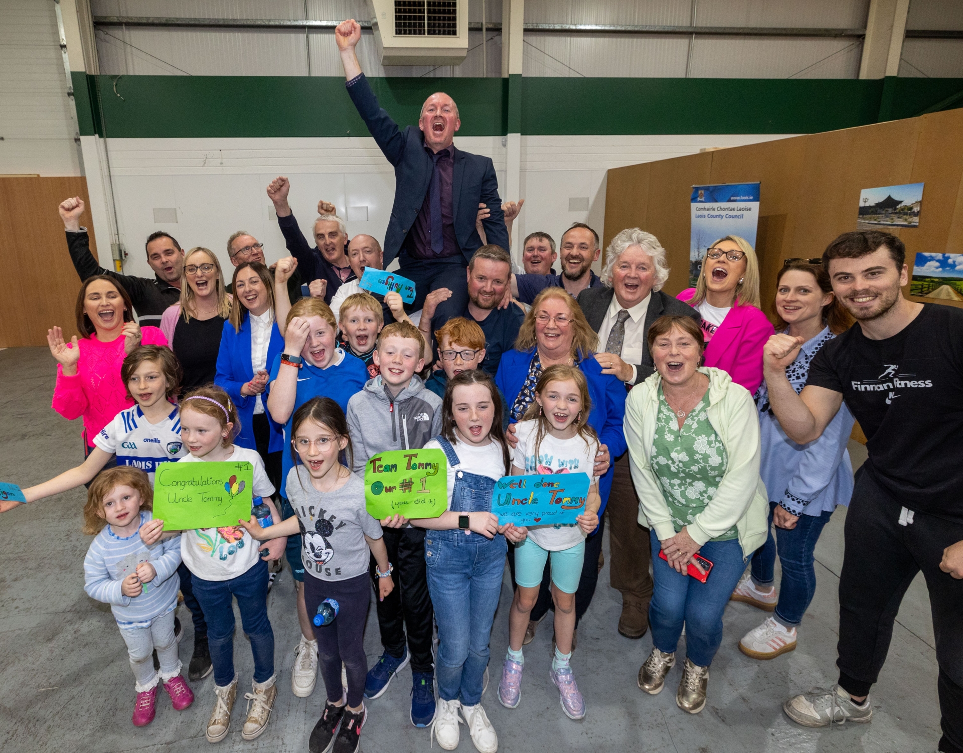 Tommy Mulling celebrates with family and supporters at the Laois County Council election county in Portlaoise. Pic: Alf Harvey