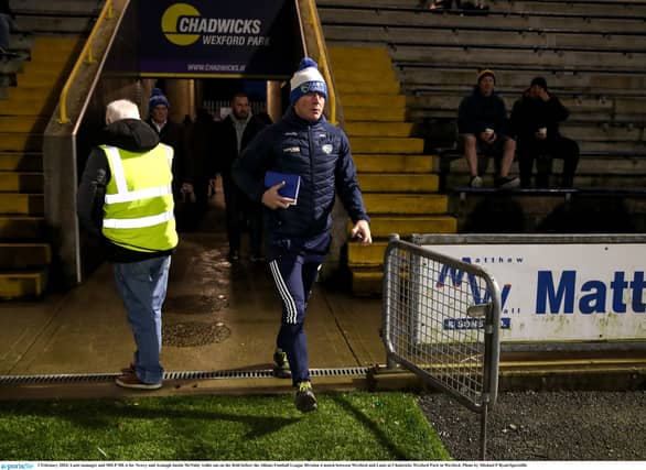 Laois manager and suspended SDLP MLA for Newry and Armagh Justin McNulty walks onto Chadwicks Wexford Park. Pic: Sportsfile