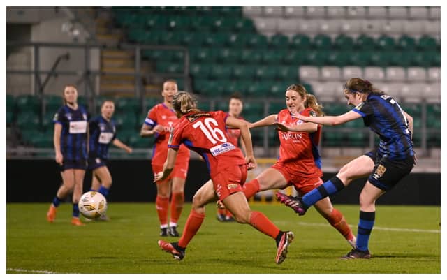 Gillian Keenan shoots to score against Shelbourne in the Women's FAI Cup final. Pic:Sportsfile