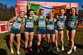 Mary Mulhare (centre) with teammates after they won Bronze in the European Cross Country Championships in 2022.
