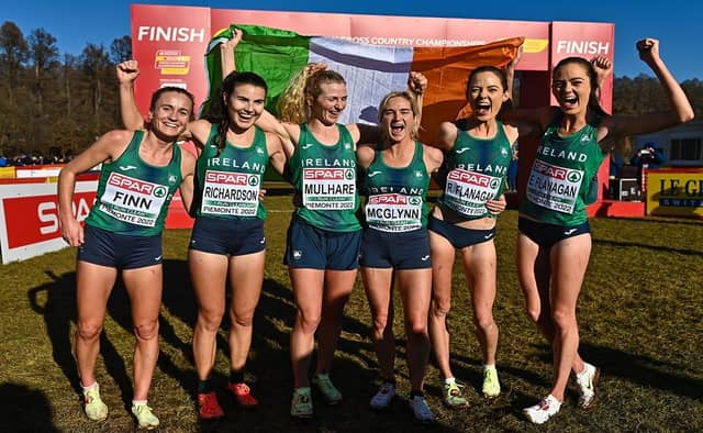 Mary Mulhare (centre) with teammates after they won Bronze in the European Cross Country Championships in 2022.