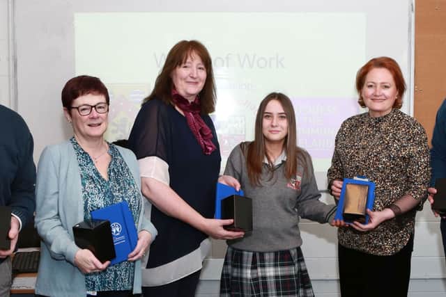 Pictured at Portlaoise College for the World of Work presentation were:Teacher Nicky Walsh, Rose Doolin (Community Section Laois Co Council), Jo Sayers (Business in the Community), Student - Nina Masiewicz, Anne Marie Kirrane (A/Administrative Officer, Community section) and Dan Bergin (Laois PPN). Photo: Michael Scully