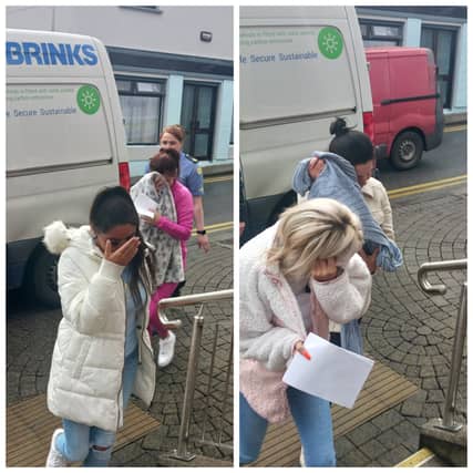 Left: Margaret Ward (front) and Winnie Ward; Right: Nicole Keenan and Bernadette Keenan being led into Athlone District Court
