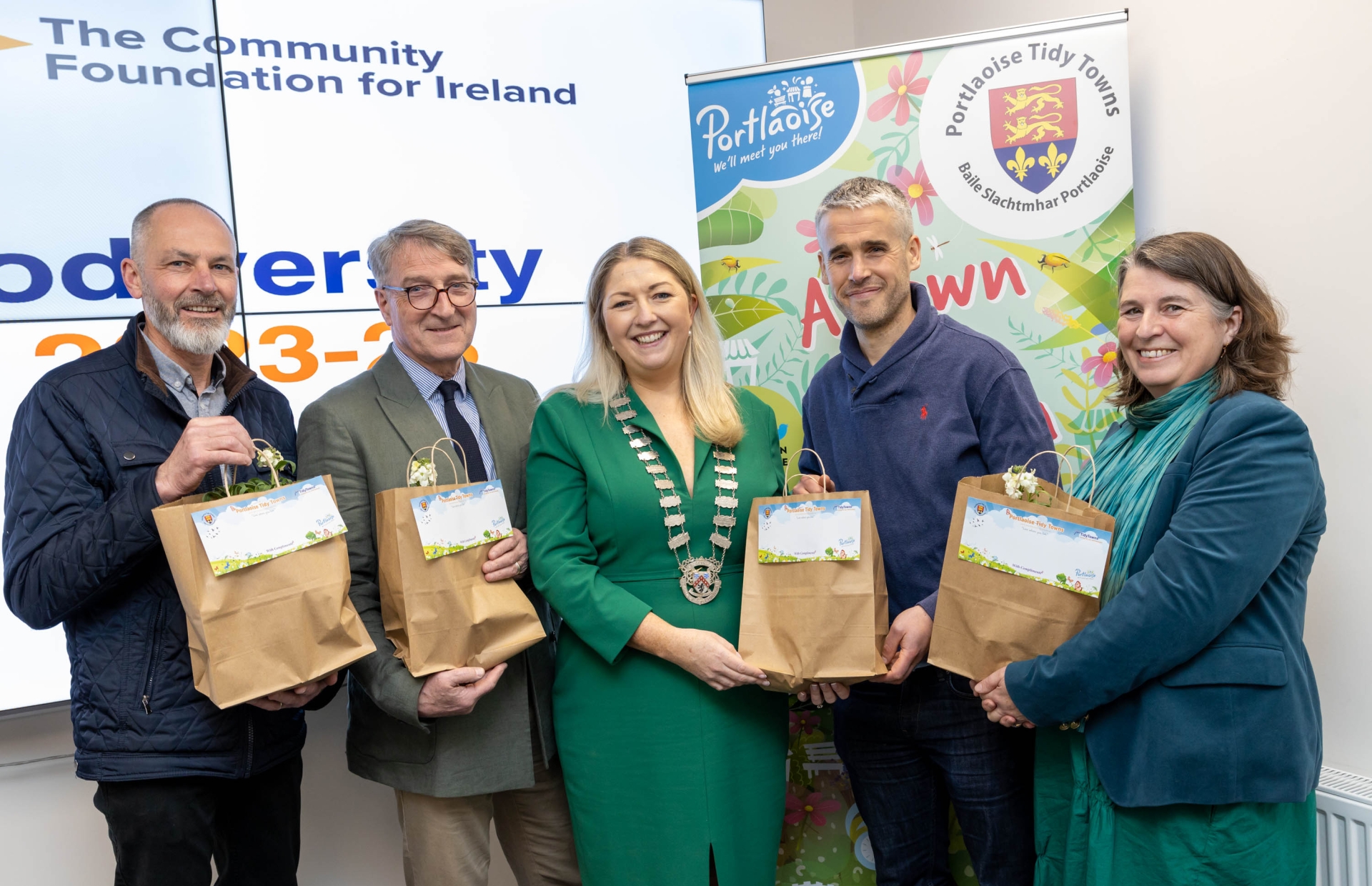 Vincent Booth, secretary Portlaoise Tidy Towns; Gerry Browne, chairman Portlaoise Tidy Towns; Cllr Thomasina Connell, Cathaoirleach of Laois County Council; Brian Gaynor, Green Pine Consultants and Dr