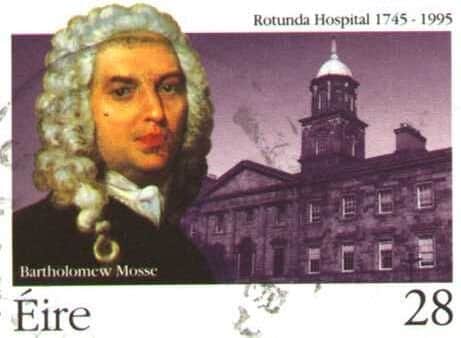 Harpur's Lane Roundabout will be named after Bartholemew Mosse, from Portlaoise, 1712 - 1759, an obstetrician and philantrapist who founded the first purpose built maternity hospital in the world, the Rotunda in Dublin. Below: an Irish stamp featuring Mr Mosse.