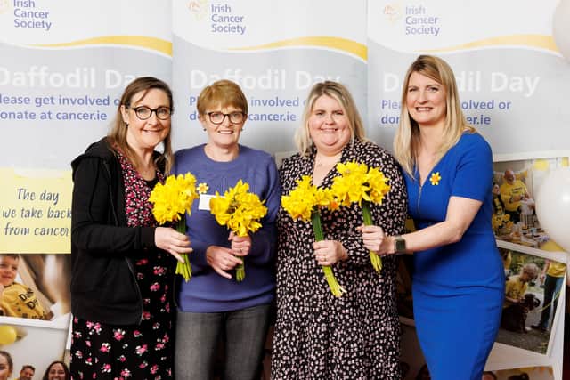 Below: Actress Pauline McLynn with Mountmellick Daffodil Day volunteers Mary Donoher and Claire Hartnett along with Averil Power, CEO of the Irish Cancer Society.