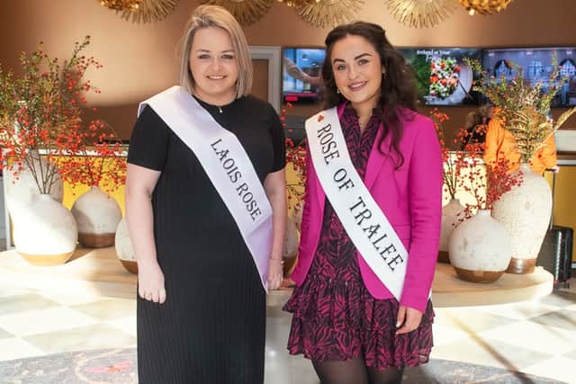 Below: Laois Rose Sarah Bergin with the Rose of Tralee Rachel Duffy in the Midlands Park Hotel. Photo: Denis Byrne