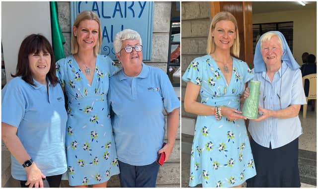 Left: Minister Hackett with, with Graiguecullen locals, Vera Smith and Catherine Nolan. Right: Minister Hackett presents vase made by Laois-based Vale van der Merwe to Sr Killeen