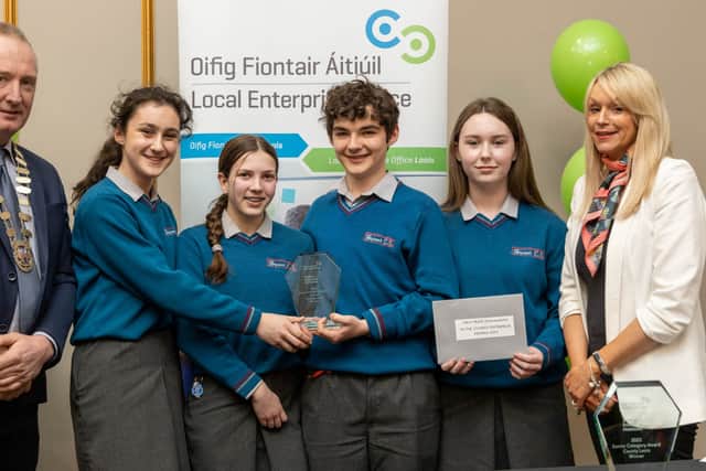 In the Intermediate Category, Dan Bergin, Hannah Clancy, Róisín Bradley and Erin Costigan from Heywood Community School will represent the county at the National Finals with their business Bud to Bloom. PICTURED BELOW.