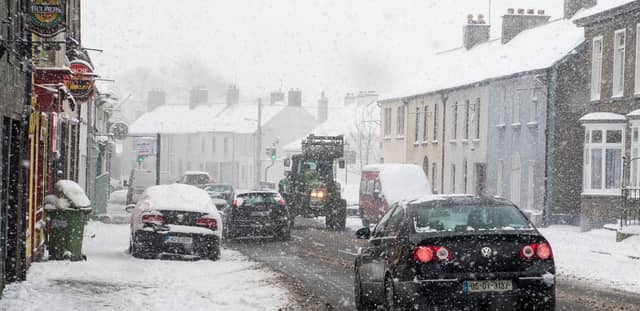 Snow falling in Mountmellick on March 1. Photo Denis Byrne