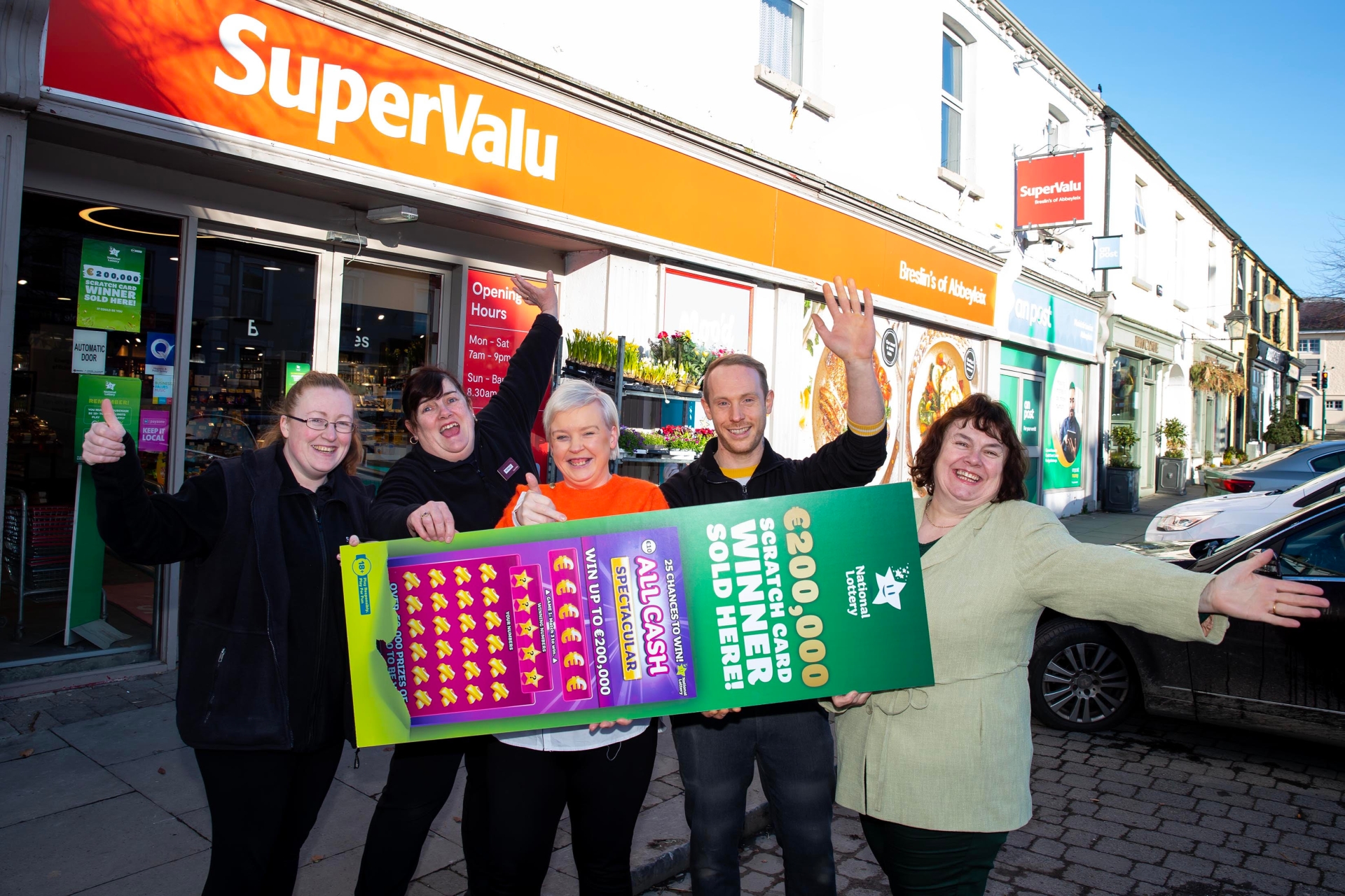 Photo Caption: Staff as Breslin’s SuperValu in Abbeyleix, Co. Laois celebrate after it was confirmed that they sold a winning National Lottery scratch card worth an incredible €200,000.