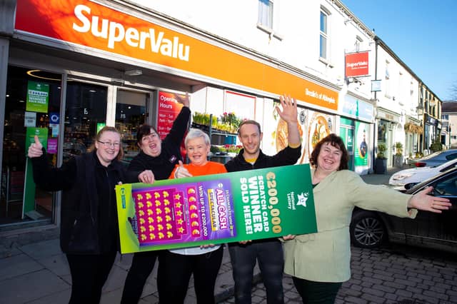 Photo Caption: Staff as Breslin’s SuperValu in Abbeyleix, Co. Laois celebrate after it was confirmed that they sold a winning National Lottery scratch card worth an incredible €200,000.