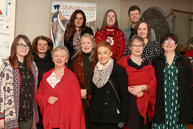 Below: artist Siobhán Parkinson and Sheelagh Coyle (front left) pictured with their fellow members in Mountmellick Library Writers Group. Back: Heather Goodwin, Mary Corcoran, Louis Deacy, Caroline Keane. Front: Siobhán Parkinson, Colette Wrafter, Sheelagh Coyle, Hazel Restrick, Mary Byrne, Noreen Murphy and coordinator Olivia Murray at the premiere of The Ripple Effect Project at Dunamaise Arts Centre recently. Photo: Michael Scully