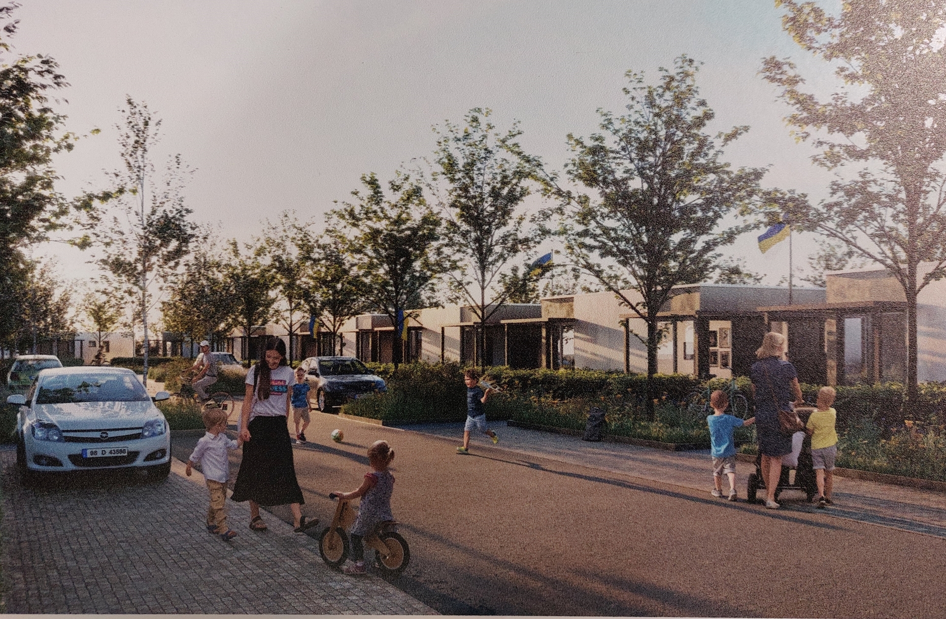 Artist impression of a rapid build estate for Ukrainians displaced by war.
