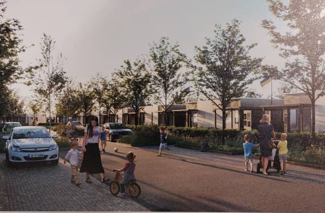 Artist impression of a rapid build estate for Ukrainians displaced by war.