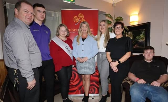 Seosamh Murphy, escort Sean Curran, Laois Rose Sarah Bergin, Breda Heary, Carys Davies rose, Joan Murphy & Cathal Fitzpatrick escort entrant at the South Laois Rose launch. Pic: Jim fennelly