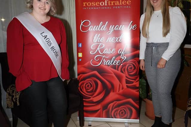 More below photo. Pictured are the Laois Rose Sarah Bergin and South Laois Rose entrant Carys Davies.