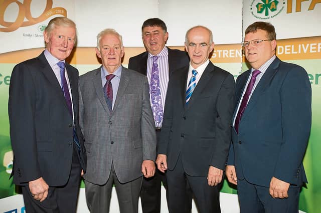 Hugh Ryan, Jimmy Holland, Padraig Walshe, Eddie Downey, and Pat Hennessy, Laois IFA at the Laois IFA 60th Anniversary Celebration Dinner Dance in The Manor Hotel, Abbeyleix in 2015. Picture: Alf Harve