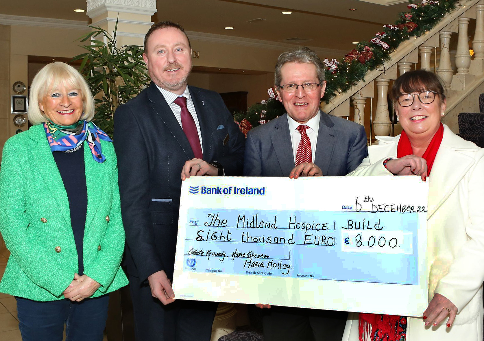The presentation of a cheque from the Portarlington Gala Ball, to Prof Humphrey O'Connor  Chairperson, Offaly Hospice by  Marie Corcoran and Maria Molloy, with David Mulligan hotel manager