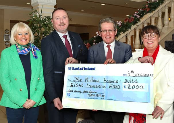 The presentation of a cheque from the Portarlington Gala Ball, to Prof Humphrey O'Connor Chairperson, Offaly Hospice by Marie Corcoran and Maria Molloy, with David Mulligan hotel manager