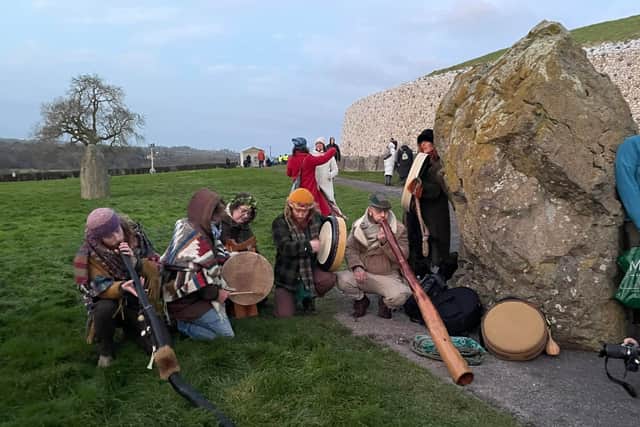 Below: musicians playing heritage instruments at Newgrange. Photos: Maurice Curran