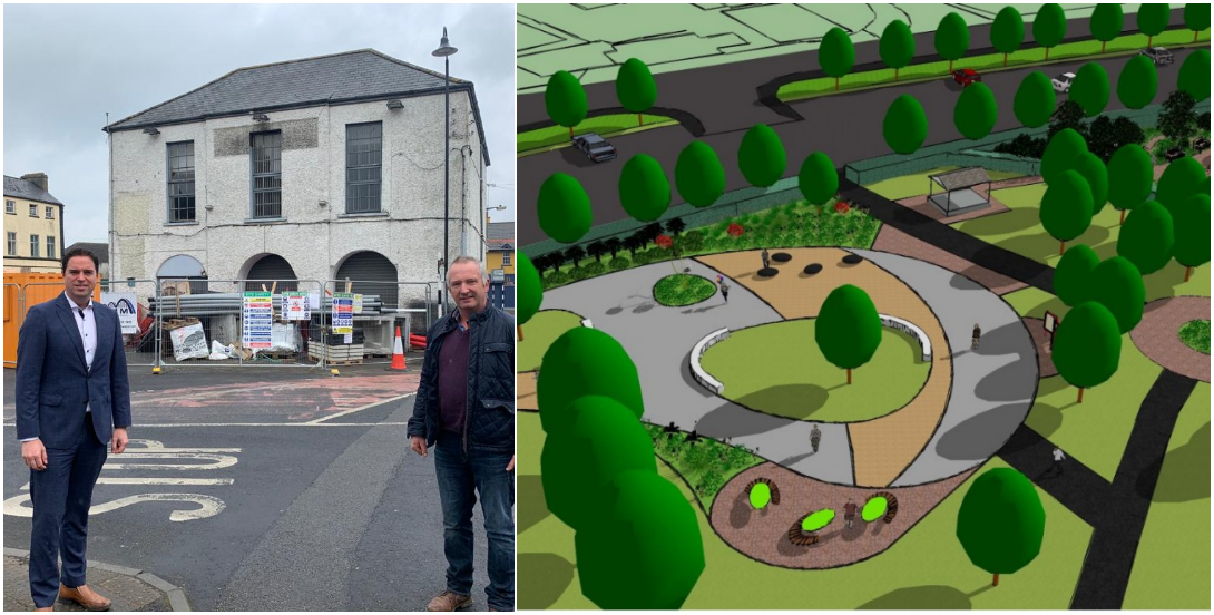Minister Martin Heydon, Cllr PJ Kelly and an image of the new look People's Park
