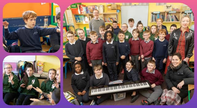 Cloneyhurke NS pupils with Music Generation Laois mentors and their teacher. Pic Alf Harvey