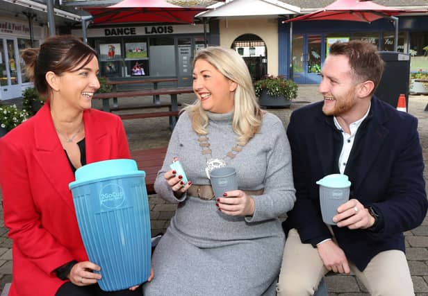 Launching 2GoCups in Portlaoise are Pamela Tynan, Laois County Council, Cathaoirleach Cllr Thomasina Connell, Kevin Murphy CEO 2GoCup). Photo: Michael Scully