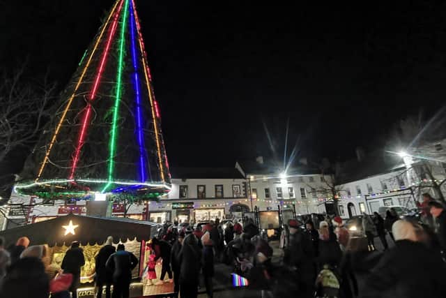 Below: Mountmellick's tree and streets lighting up for Christmas in 2021. Photo: Diarmuid O'Connor