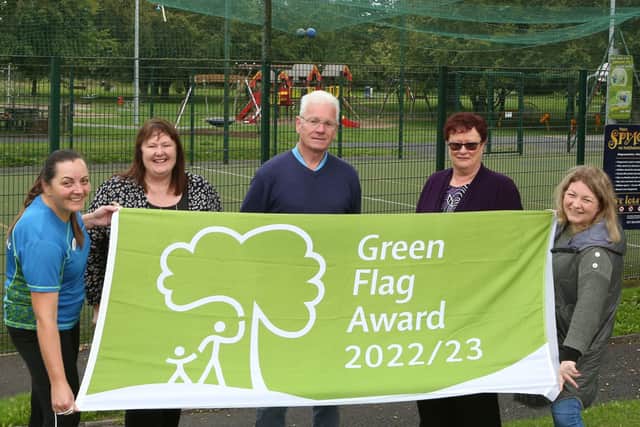 Pictured at The Peoples Park Portarlington for the Green Flag raising ceremony: Samantha Kirwan (Duty Manager), Ann Marie Maher (Sports and Leisure Officer, Laois County Council), Cllr Aidan Mullins, Martina Smyth (CE Supervisor) and Leona Delaney (Sport &amp; Leisure Section). Photo: Michael Scully