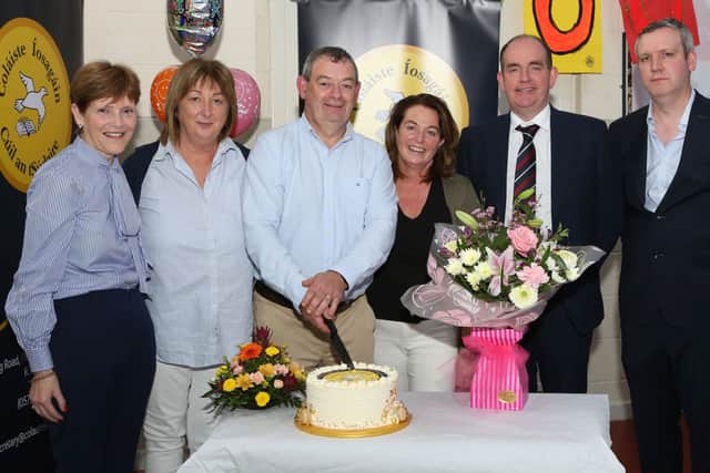 Pictured at Colaiste Iosagain for the retirement function for retiring principal, Seamus Bennett, were Joan O'Sullivan Dep Principal, Geraldine Murphy School Secretary, Seamus Bennett, Geraldine Whelan School Secretary, Justin Brown (new Principal) and Brendan Mc Glynn Dep Principal. Photo: Michael Scully.