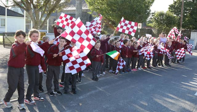 School pupils welcome the Pride of Places judges to Laois and Ballinakill Pic: Michael Scully
