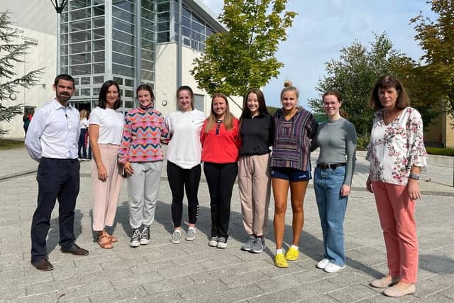 Some of the delighted Leaving Cert students at Scoil Chríost Rí with their teachers