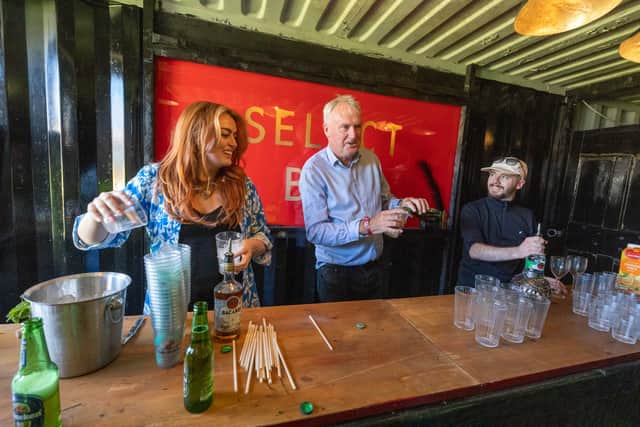 Below: Professor Luke O'Neill with singer Roisin O and Simon O’Neill were the surprise guests serving drinks at the Electric Picnic Press Day on Tuesday 29 August 2022. Picture: Alf Harvey. 