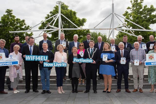 Below: Laois County Councillors, Portlaoise traders and council staff launching Wifi4Eu in Portlaoise.